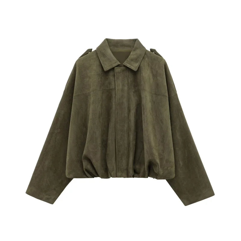 Fashion Brown Suede Bomber Jacket Women Elegant Zipper Lapel Long Sleeve Short Coats Female Vintage Street Chic Lady Outerwear