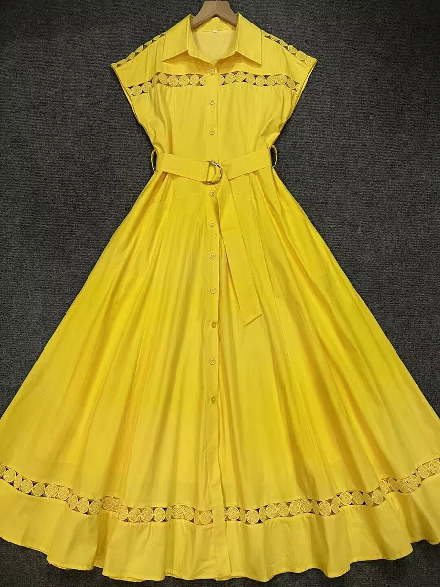 VGH Solid Color Patchwork Sashes Women's Party Dresses Lapel Short Sleeve High Waist Spliced Hollow Out Pleated Dress Female New