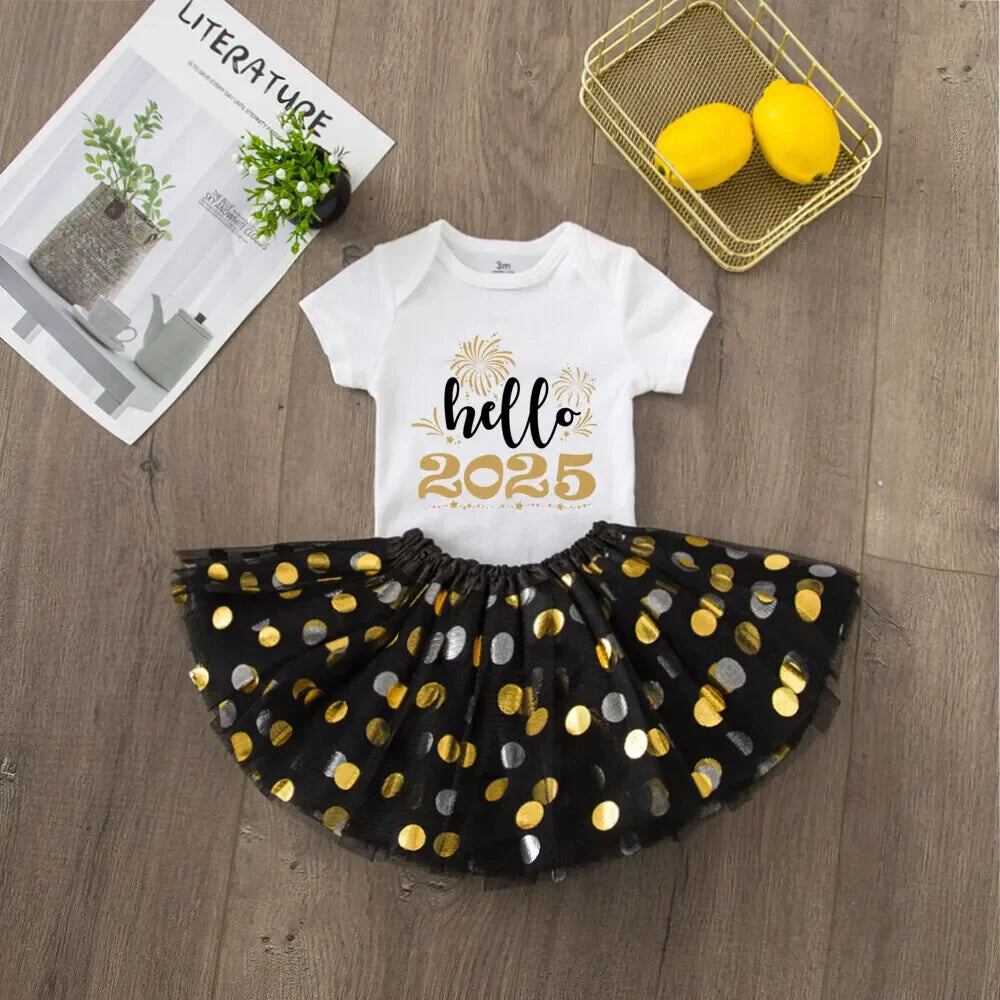 Hello 2025 Print 2 Piece Baby Girls Bodysuit Dress Set New Year Girl Short Sleeve Romper + Tutu Skirt Infant Dresses Set Outfit