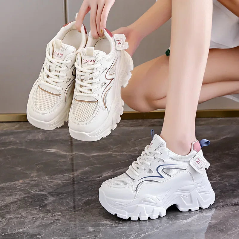 Women's Fashion Casual Lace Up Sneakes New Wedge Platform Increase Height Vulcanized Shoes Thick Soled Tennis Sneakes