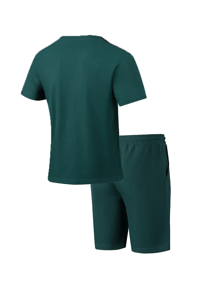 2025 summer men's new leisure fashion city wear rope round neck T trend Waffle short-sleeved shorts two-piece suit
