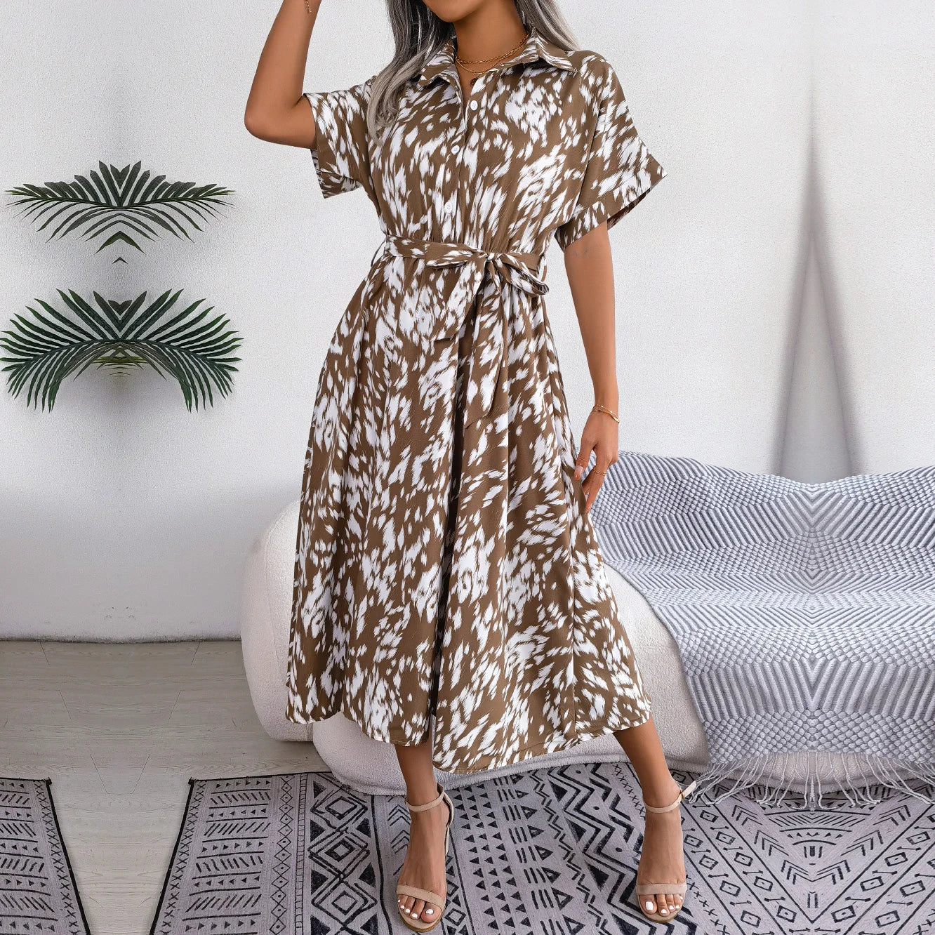 Ficusrong Women Summer Casual Loose Leopard Lace Up Shirt Dress For Ladies Fashion All Match Chic Dresses