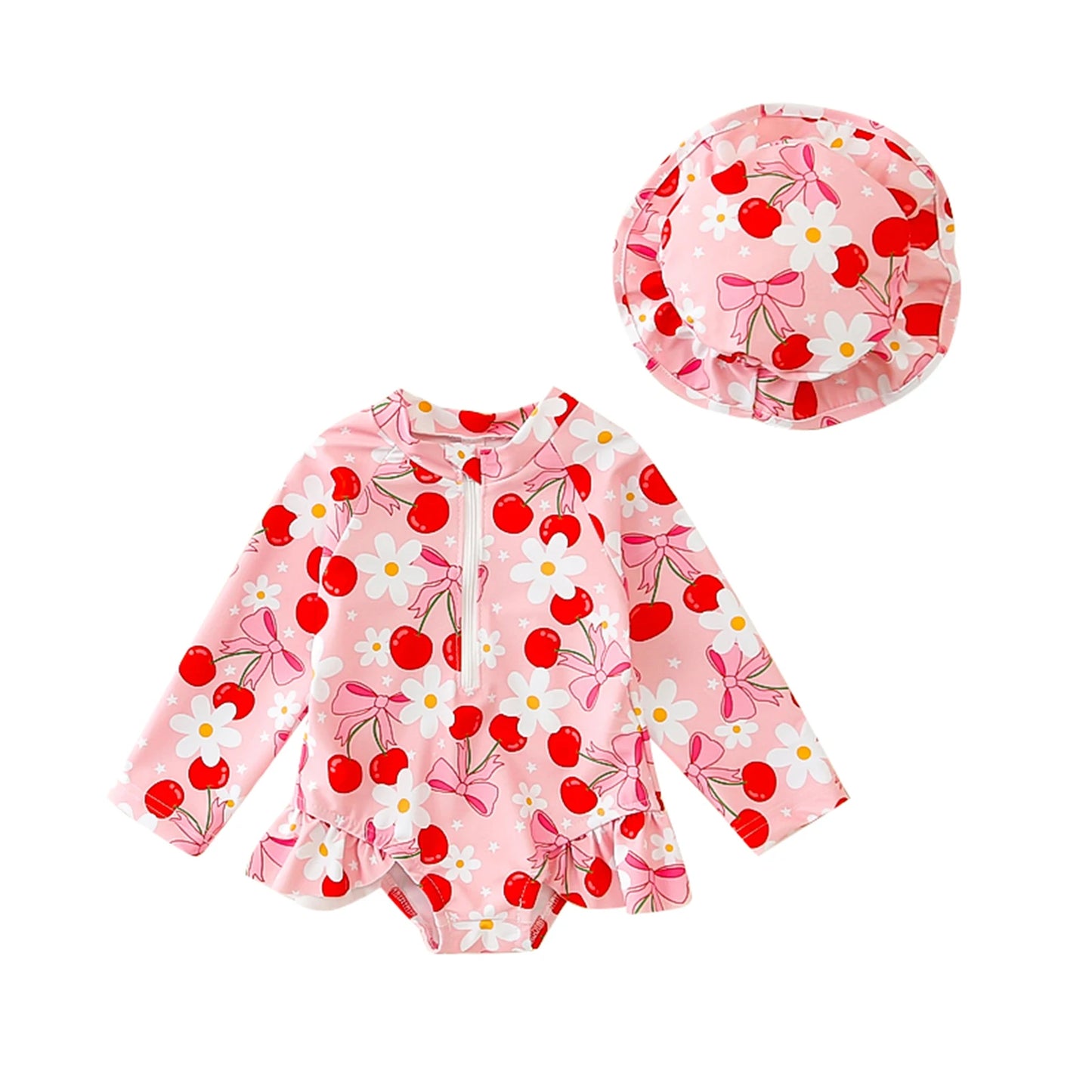 Toddler Girls Long Sleeve Rash Guard Swimsuits with Sun Hat Sets Bow Pattern Zip Up Swimwear Infant Baby Beach Bathing Suits