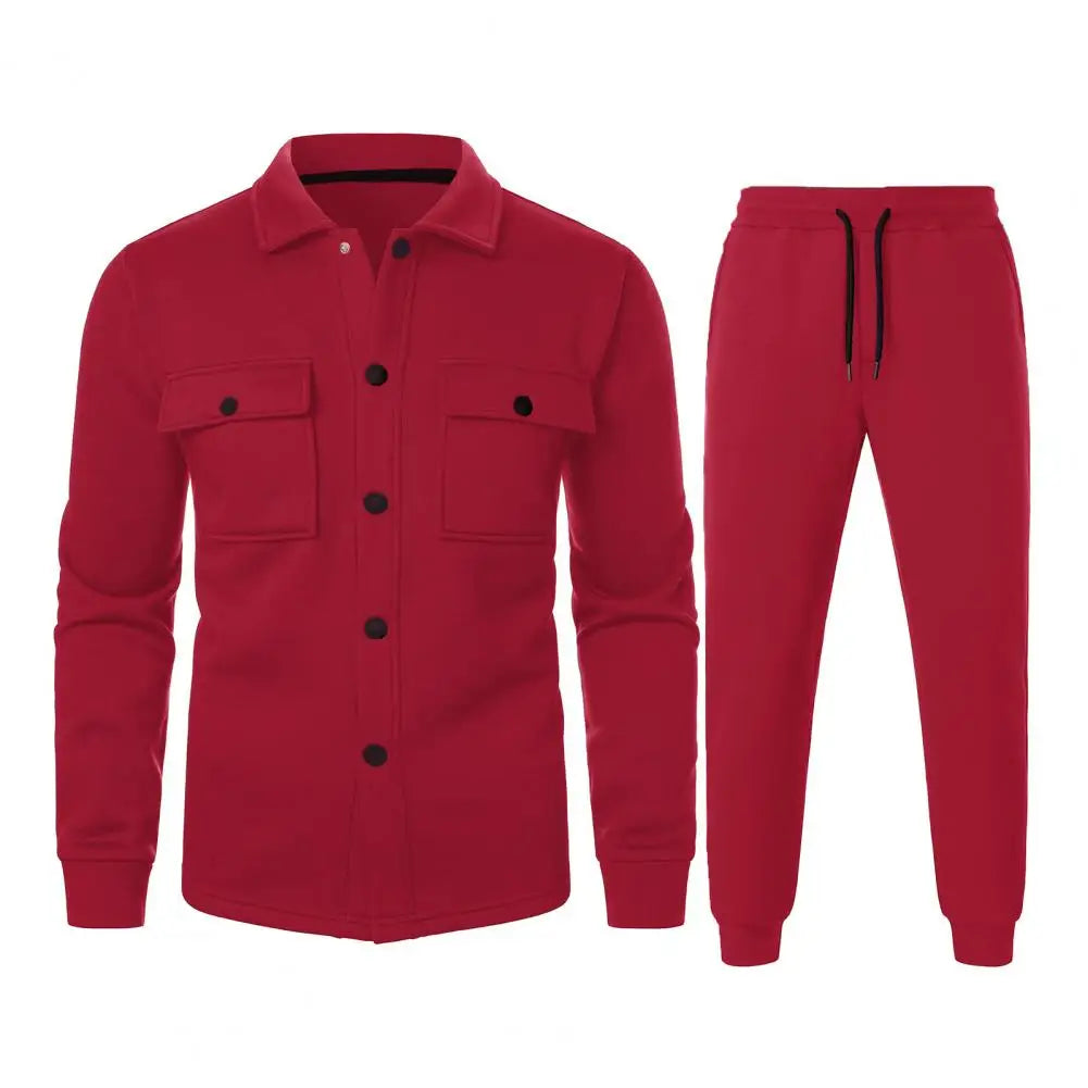 Men Two-piece Suit Set Winter Thick Warm Casual Suit Outfit Long Sleeve Coat Long Trousers Set Fashion Men's Activewear Outwear