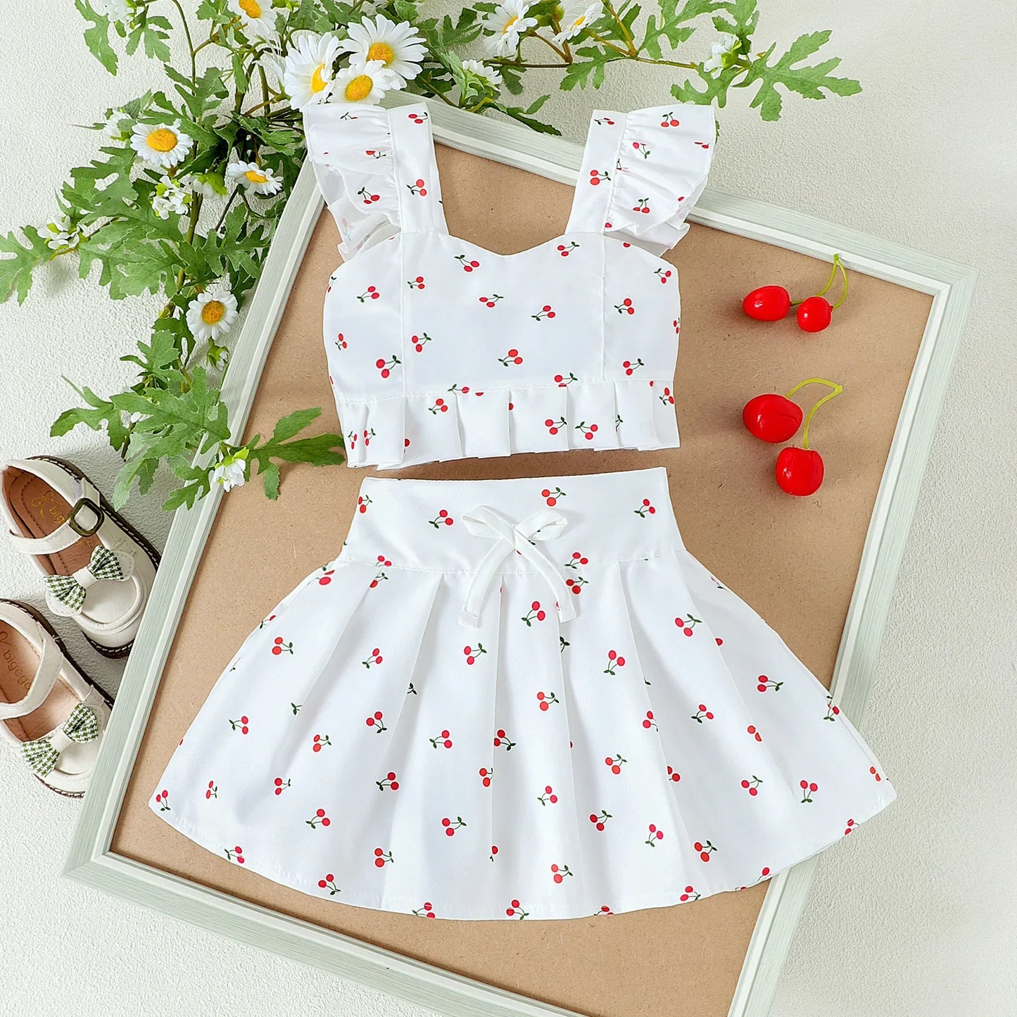 2PCS Summer New Style Girls 1-4 Years Old Comfortable Sweet Cherry Love Pattern Top + Short Skirt Set Toddler Girl Clothes