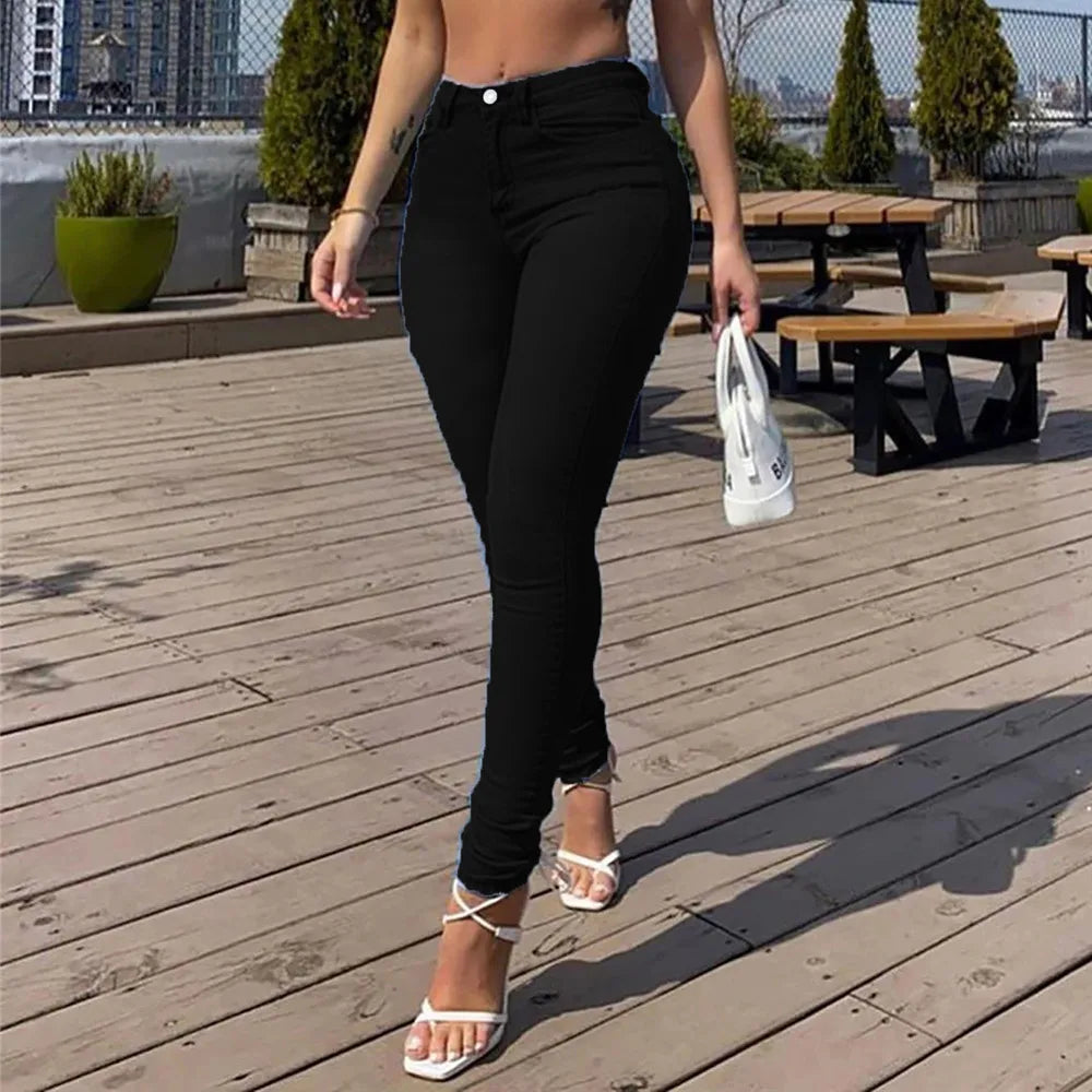 S-3XL Stretch Skinny Denim Women's Jeans Mid Waist Pants Blue Retro Washed Elastic Slim Pencil Trousers