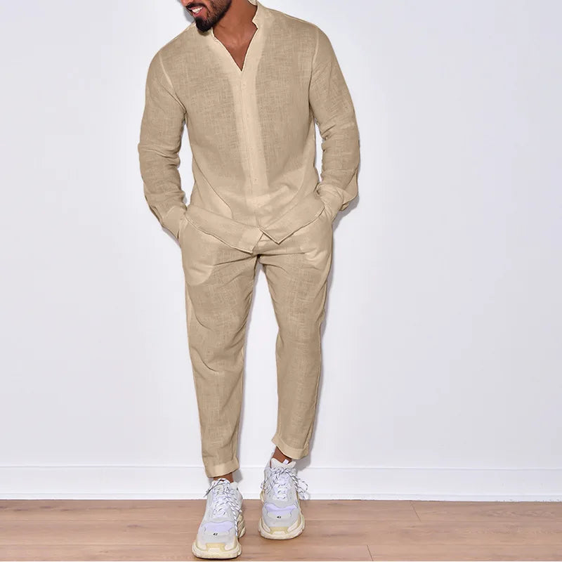 Europe and the United States men's new casual suit men's 100% cotton monochrome autumn fashion home loose long-sleeved shirt