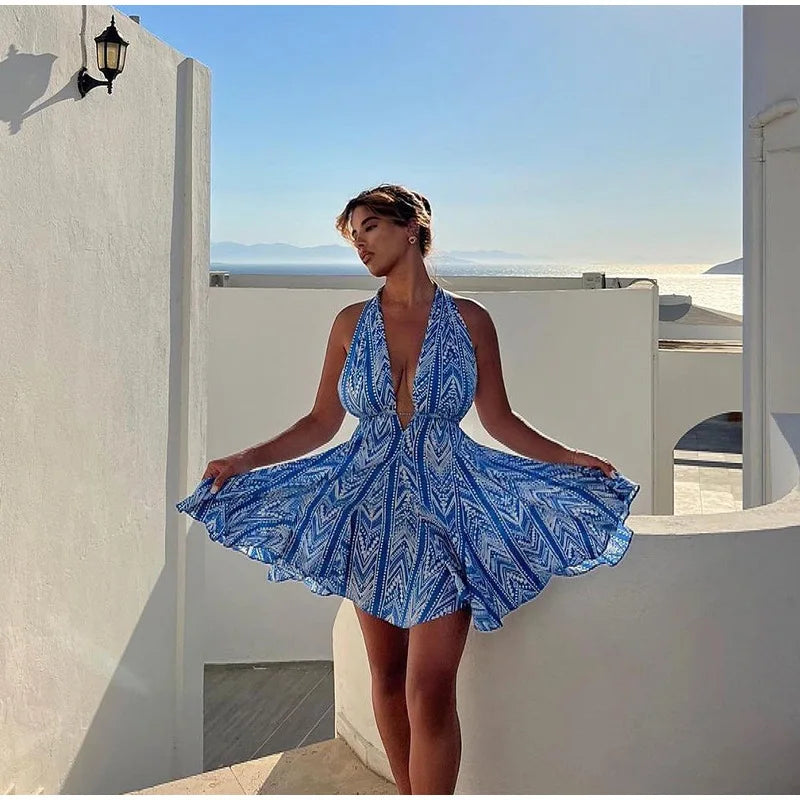 Sexy Halter Neck Beach Dresses For Women Printed Deep V-neck Backless Mini A-line Dress Chic Party Vacation Casual Lady Vestidos