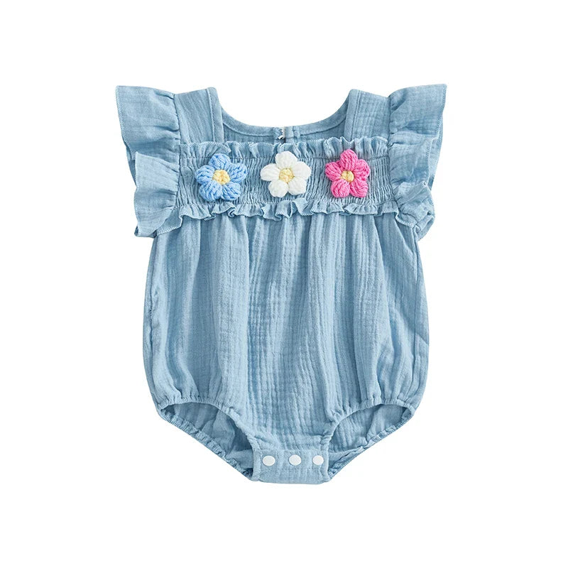 2025-01-02 Lioraitiin Baby Girl Romper Smocked Flower Embroidery Flying Sleeve Newborn Jumpsuit Perfect Summer