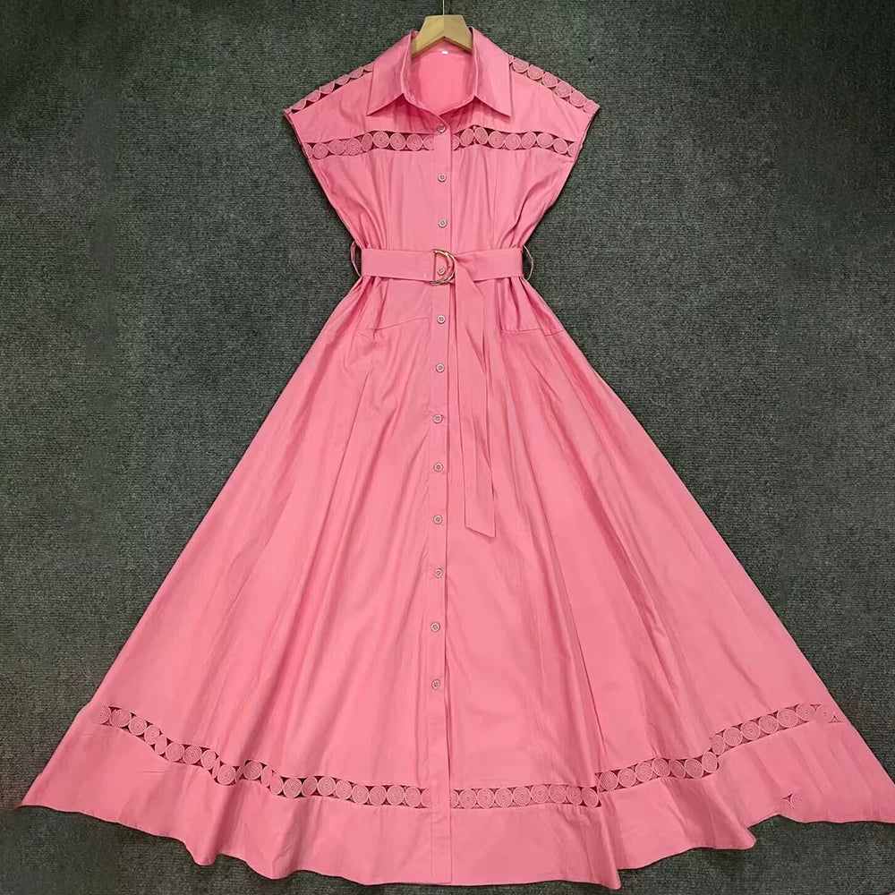 VGH Solid Color Patchwork Sashes Women's Party Dresses Lapel Short Sleeve High Waist Spliced Hollow Out Pleated Dress Female New