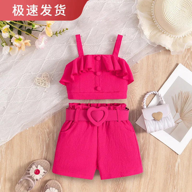 Children's Clothing Set Summer New Strap Ruffle Short Top+Girls' Lace Shorts with Belt