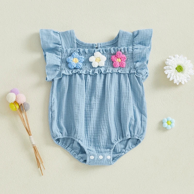 2025-01-02 Lioraitiin Baby Girl Romper Smocked Flower Embroidery Flying Sleeve Newborn Jumpsuit Perfect Summer