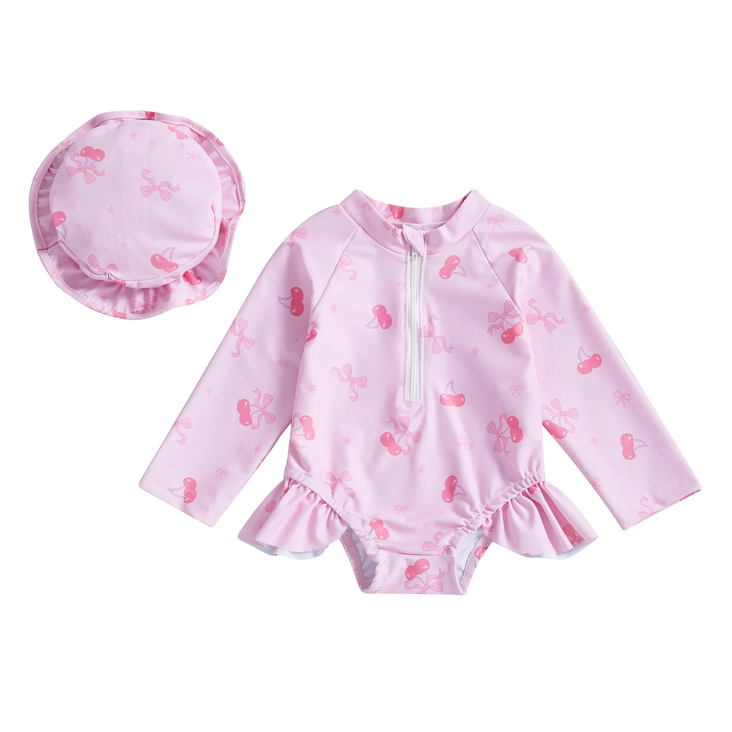 Toddler Girls Long Sleeve Rash Guard Swimsuits with Sun Hat Sets Bow Pattern Zip Up Swimwear Infant Baby Beach Bathing Suits