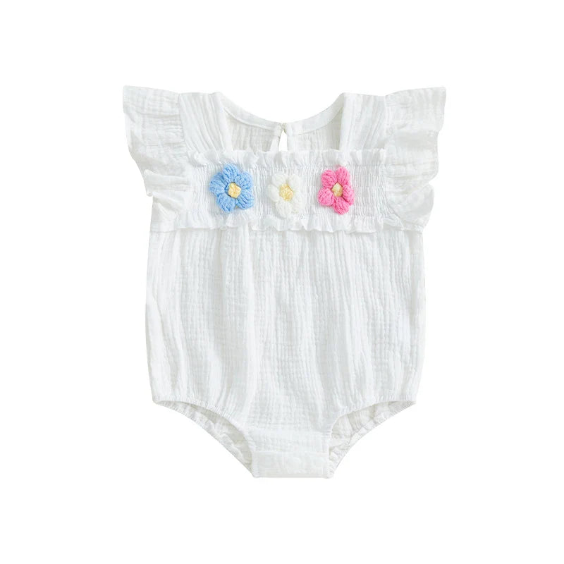 2025-01-02 Lioraitiin Baby Girl Romper Smocked Flower Embroidery Flying Sleeve Newborn Jumpsuit Perfect Summer