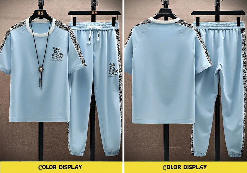 Summer Men's Trousers Tracksuit 2 Piece Set Fashion Tops Tees Ice silk Short Sleeve T Shirt+Pants Vintage Casual Sweatpants