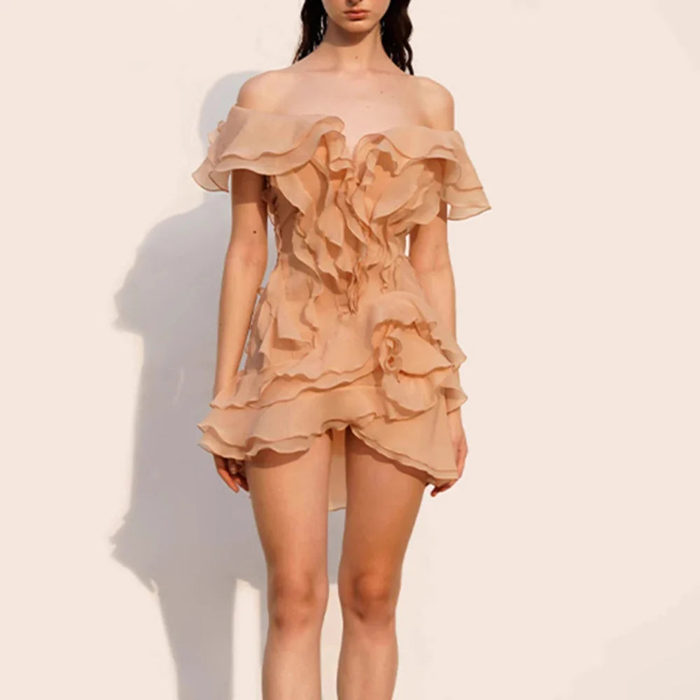 VGH Sexy Short Dress For Women Slash Neck Off The Shoulder Sleeve Backless High Waist Spliced Ruffles Dresses Female Fashion New