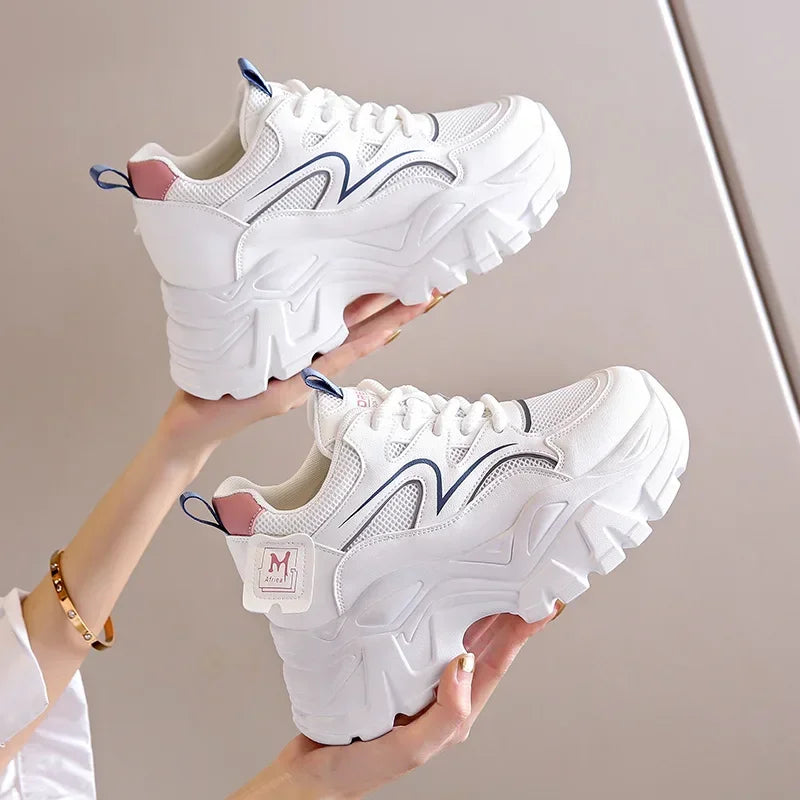 Women's Fashion Casual Lace Up Sneakes New Wedge Platform Increase Height Vulcanized Shoes Thick Soled Tennis Sneakes