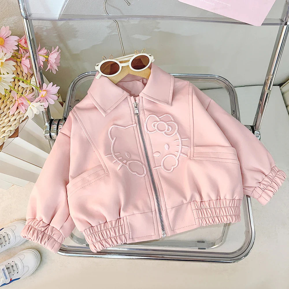 2025 Spring Hello Kitty Embroidery Toddler Girls Pu Leather Jackets Clothing Kawaii Zipper Jacket Outerwear Zipper Casual Coat