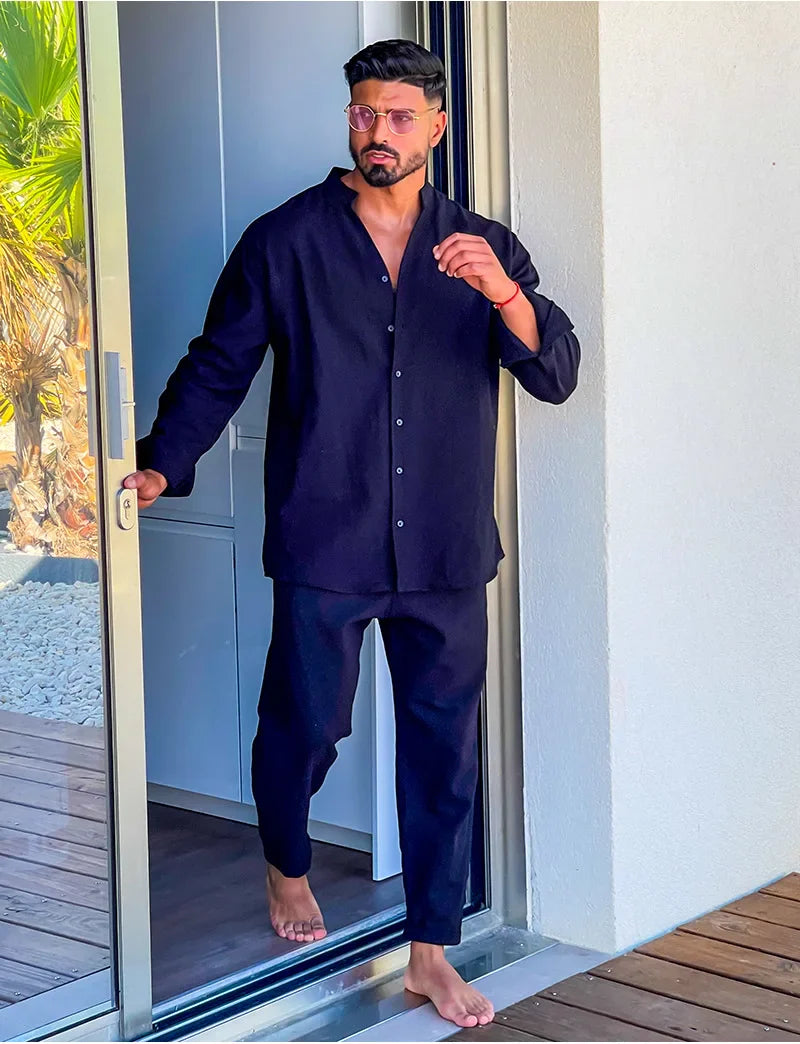 Autumn men's new fashion casual linen suit long sleeve overalls single breasted solid color button suit