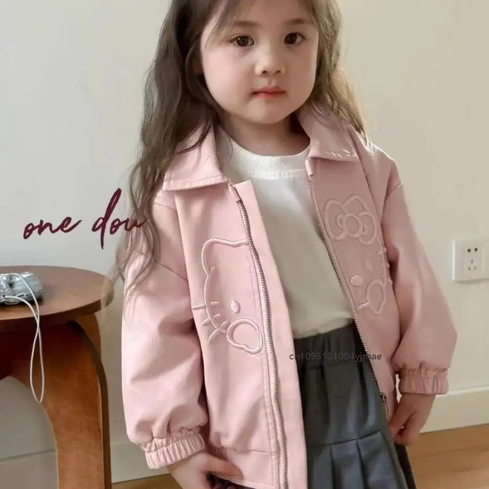 2025 Spring Hello Kitty Embroidery Toddler Girls Pu Leather Jackets Clothing Kawaii Zipper Jacket Outerwear Zipper Casual Coat
