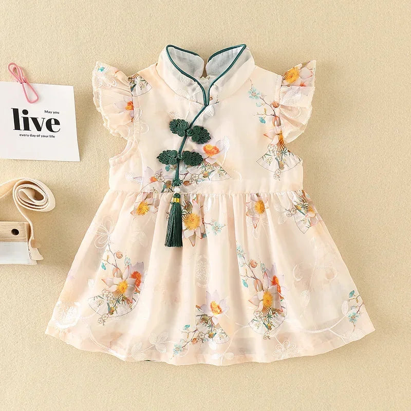 Гарячі розпродажі дитячі літні сукні тонкі китайські стиль Qipao цільний шматок обгортання пердеть пальто новонародженої дитини повний місяць 100 днів спідниця сукні