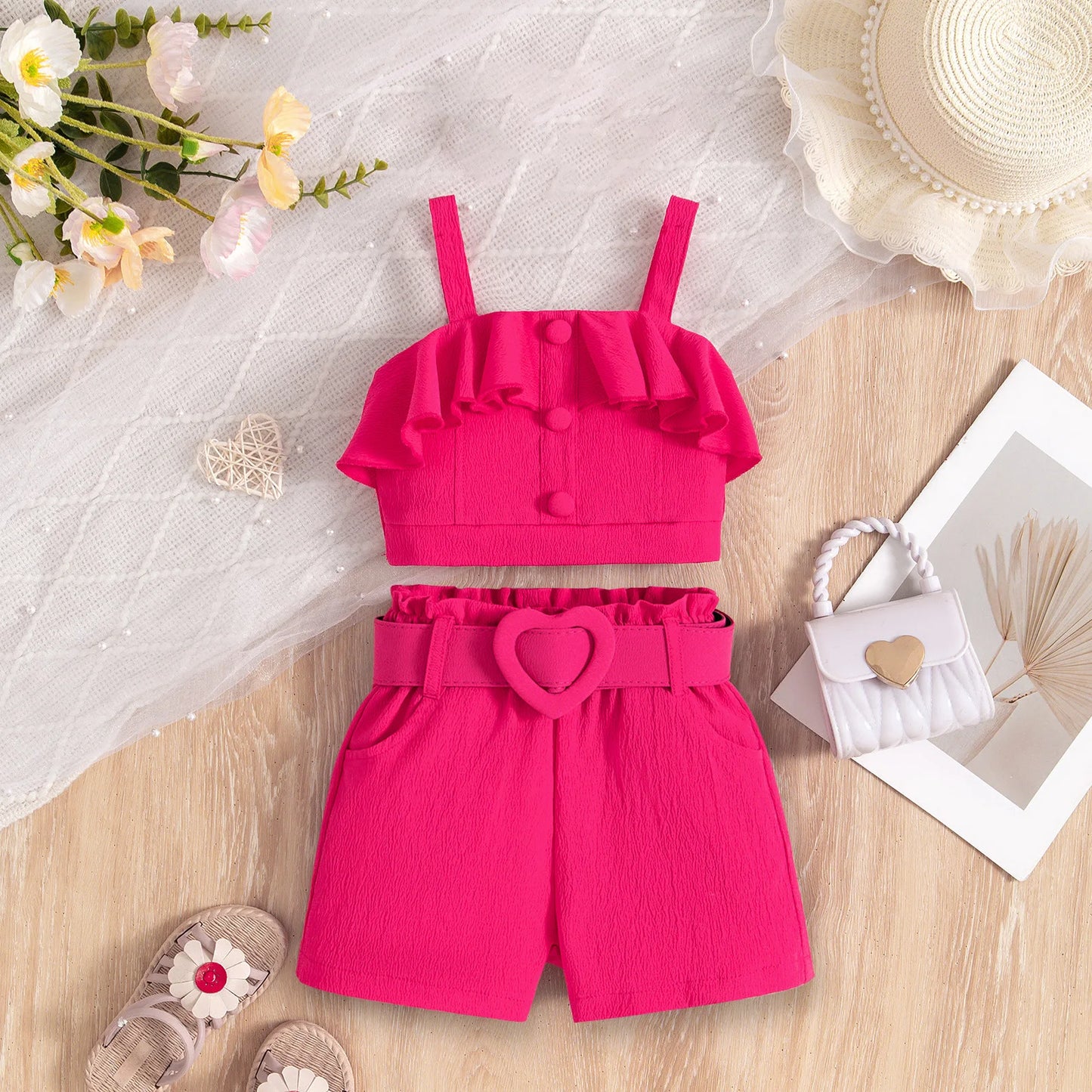 Children's Clothing Set Summer New Strap Ruffle Short Top+Girls' Lace Shorts with Belt