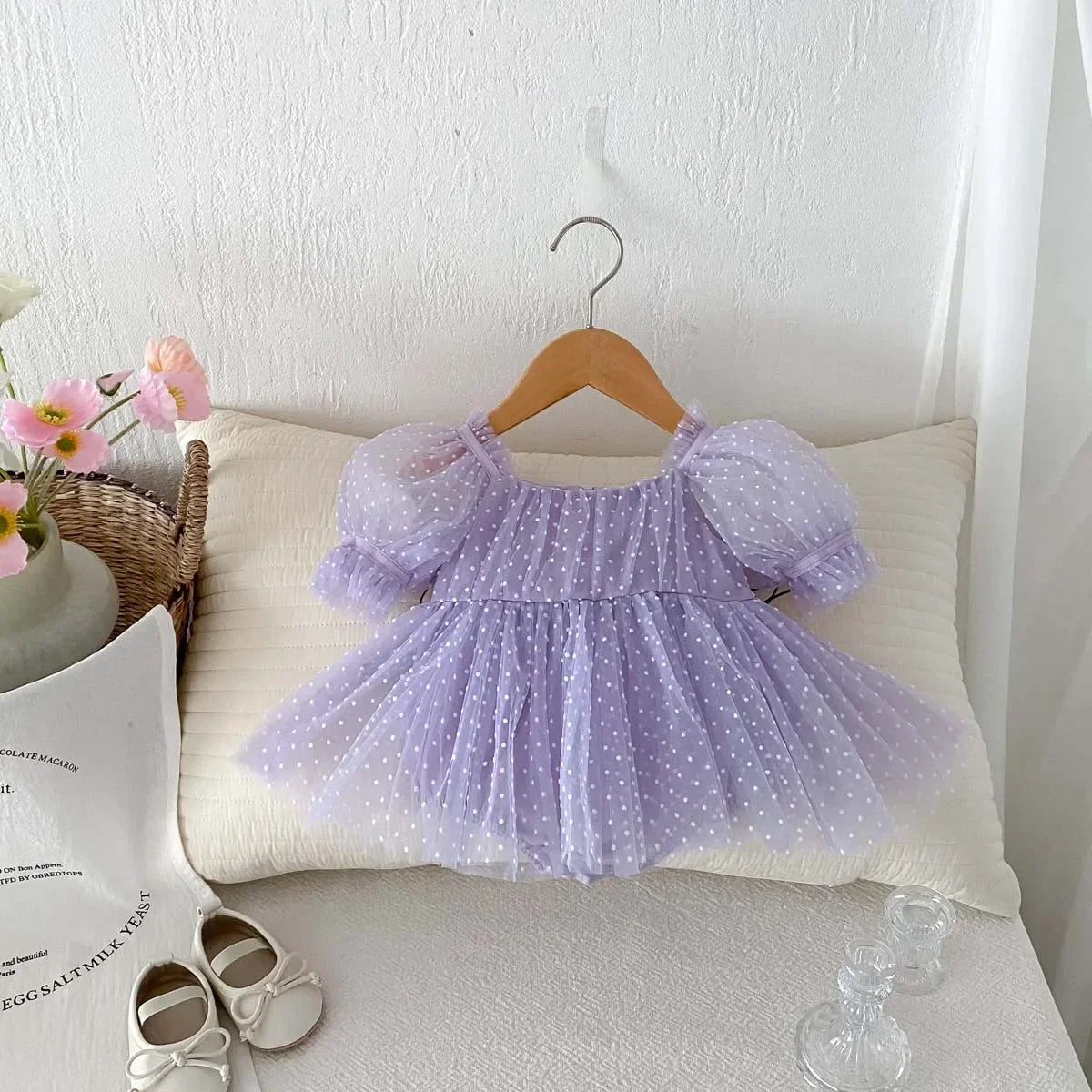 Girls' Bubble Sleeve Dress Summer Mesh Sweet Wave Point Princess Ha Yi Baby One Year Old jumpsuit Cake Dress