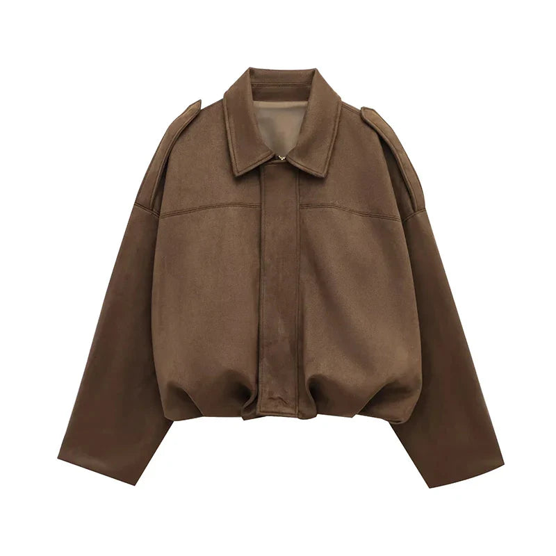 Fashion Brown Suede Bomber Jacket Women Elegant Zipper Lapel Long Sleeve Short Coats Female Vintage Street Chic Lady Outerwear