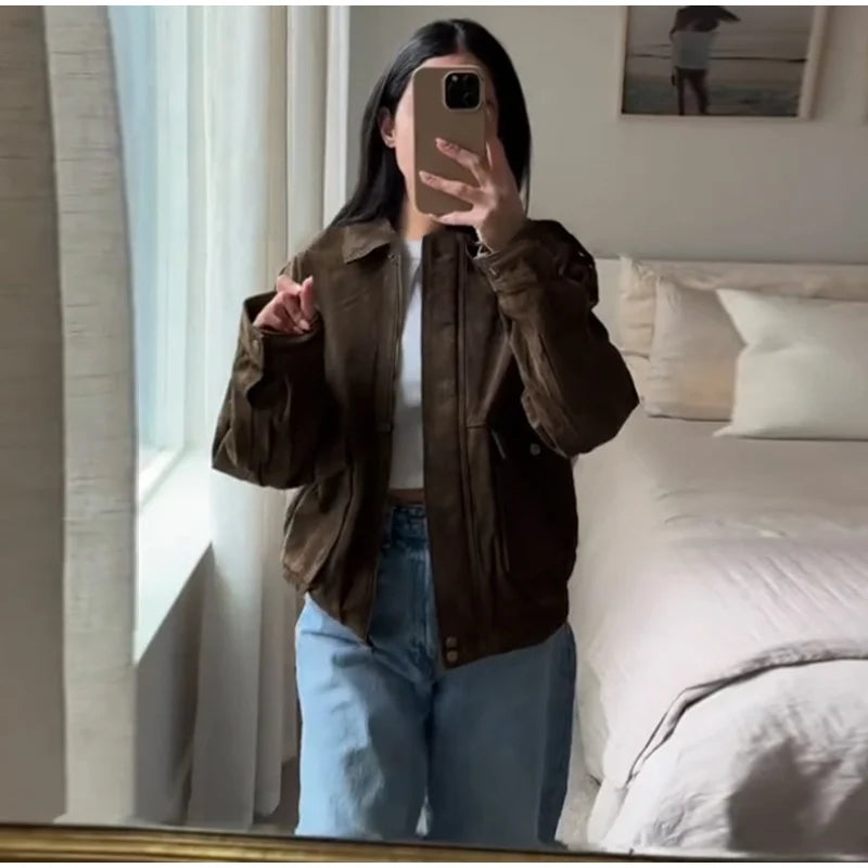 Fashion Brown Suede Bomber Jacket Women Elegant Zipper Lapel Long Sleeve Short Coats Female Vintage Street Chic Lady Outerwear