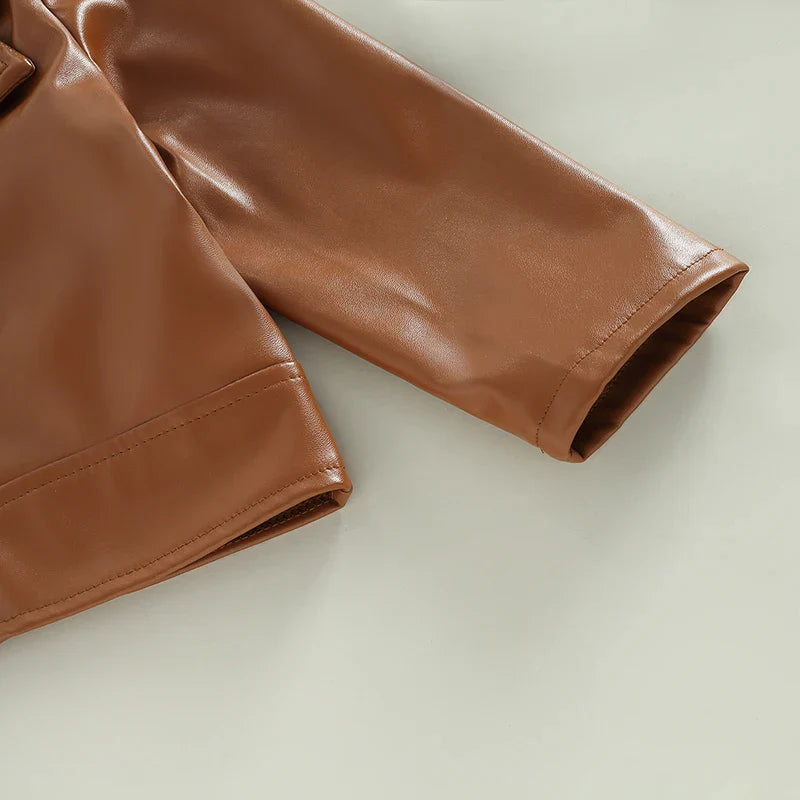 Kids Girls Solid Color PU Leather Jacket Long Sleeve Turn-down Collar Zipper Closure Casual Outwear for 1 Years to 5 Years