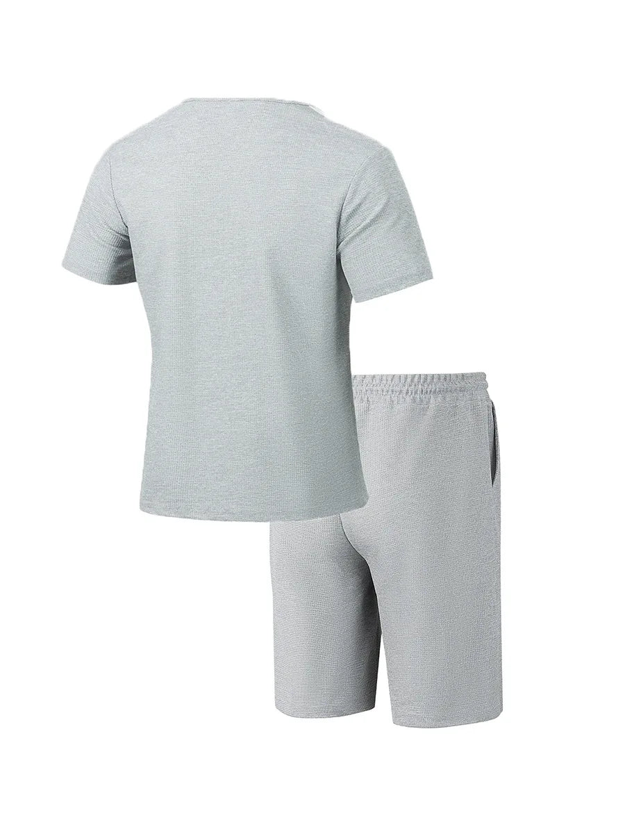 2025 summer men's new leisure fashion city wear rope round neck T trend Waffle short-sleeved shorts two-piece suit