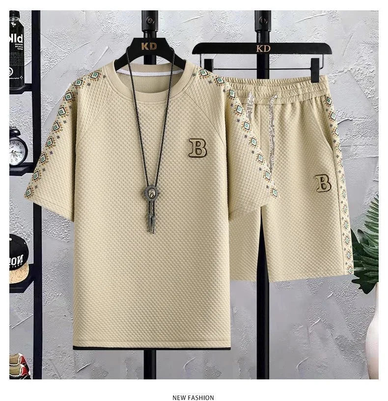 Summer New Fashion Trend Short Sleeve Shorts Ice Silk Suit Men Loose Sports Breathable Large Size High Quality Two-Piece Set