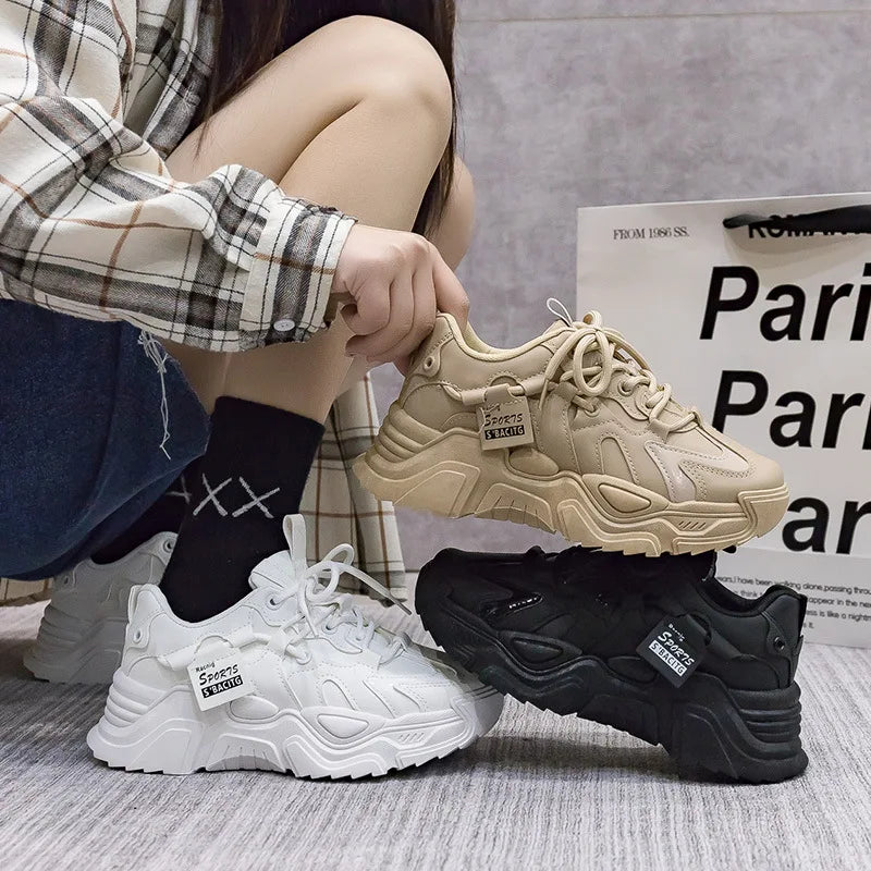 2025 Chunky Womens Leather Sneakers Casual Sports Shoes Female Solid Simple Vulcanized Shoes Luxury Brand Running Trainers Mujer