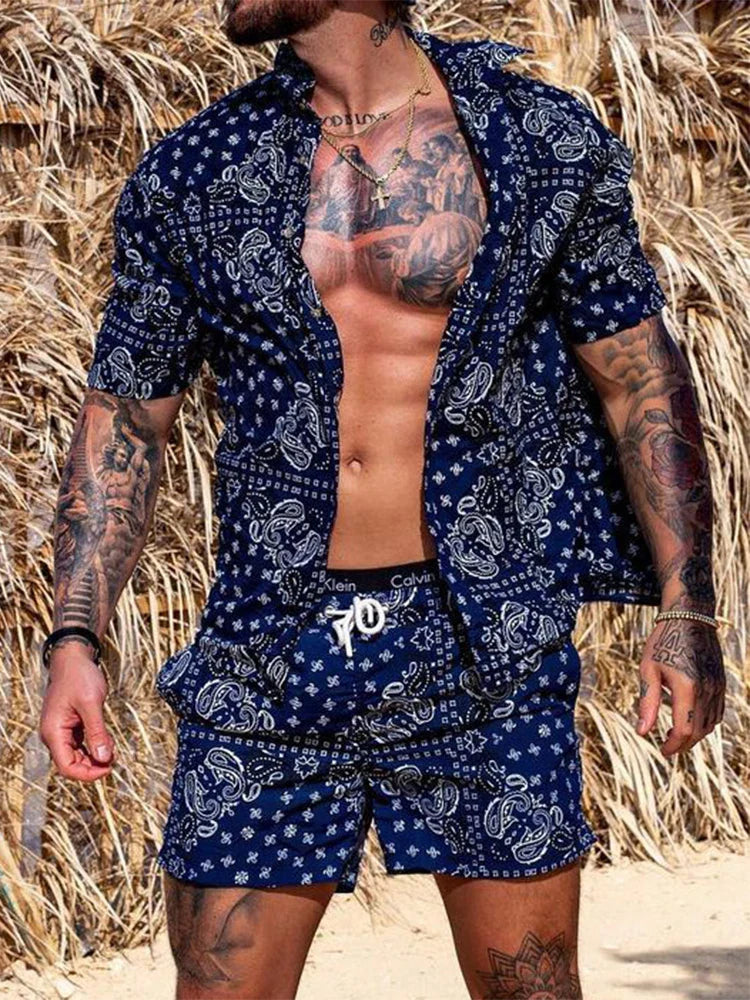 Beach Style Casual Two Piece Mens Outfits Set Summer Fashion Striped Short Sleeve Lapel Shirts and Shorts Suits for Men Clothing