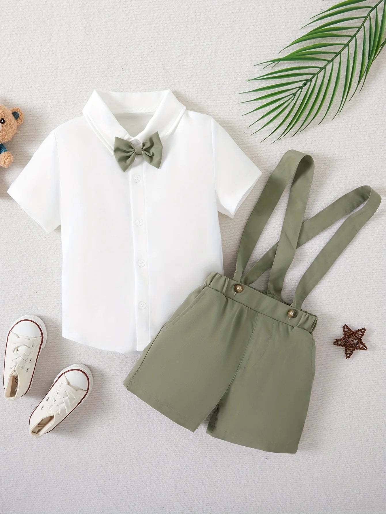 Boys Summer Set Bow Short sleeved Shirt and Strap Shorts Party Birthday Performance Gentleman Dress Set