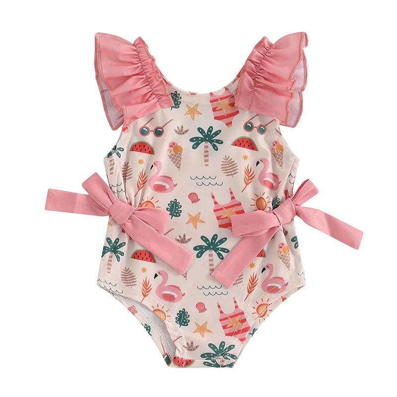 Toddler Infant Baby Girl Summer Tank Swimsuit Shell Print Romper Sleeveless U-Neck Bathing Suit Ruffled Beachwear