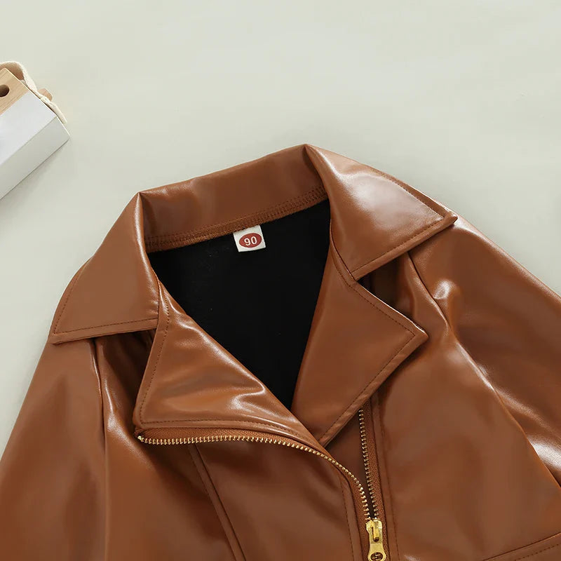 Kids Girls Solid Color PU Leather Jacket Long Sleeve Turn-down Collar Zipper Closure Casual Outwear for 1 Years to 5 Years