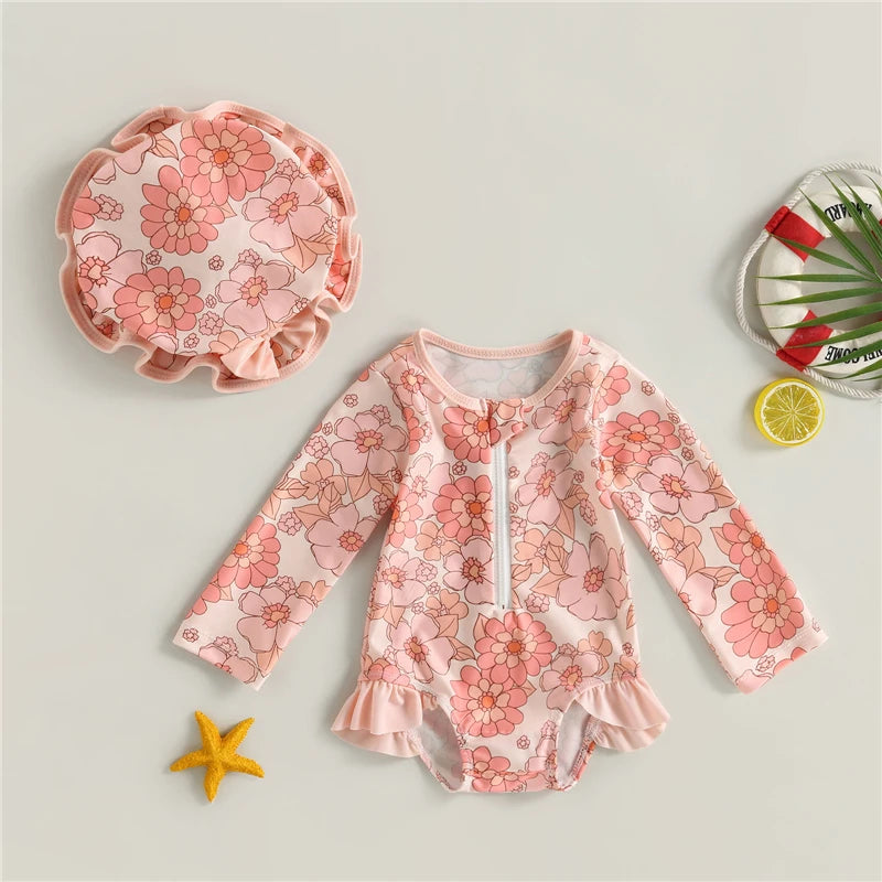 Toddler Infant Girls Swimsuit Cute Strawberry Floral Print Baby Girls Swimwear Summer Beachwear Children Bathing Suit Sun Hat