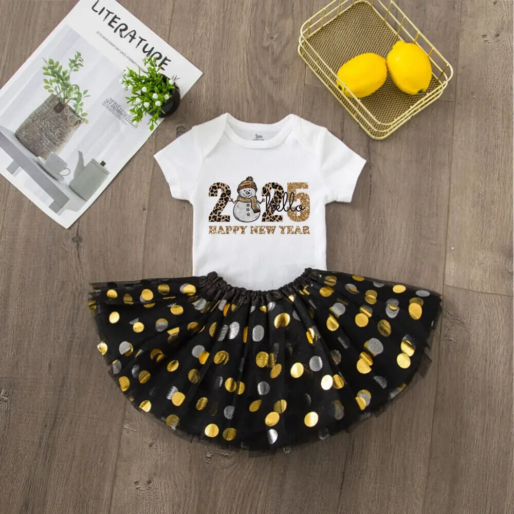 Hello 2025 Print 2 Piece Baby Girls Bodysuit Dress Set New Year Girl Short Sleeve Romper + Tutu Skirt Infant Dresses Set Outfit