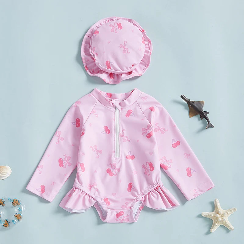 Toddler Baby Girls Rash Guard Swimsuits with Hat 2 Pcs Set Bow Pattern Zip Up Long Sleeve Crew Neck Baby Girls Swimwears