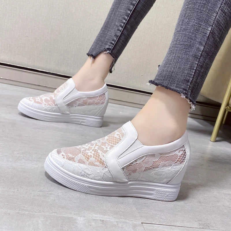 Women Wedge Platform Sneakers Rubber Leather High heels Lace Up Shoes Pointed Toe Height Increasing Creepers White 2023