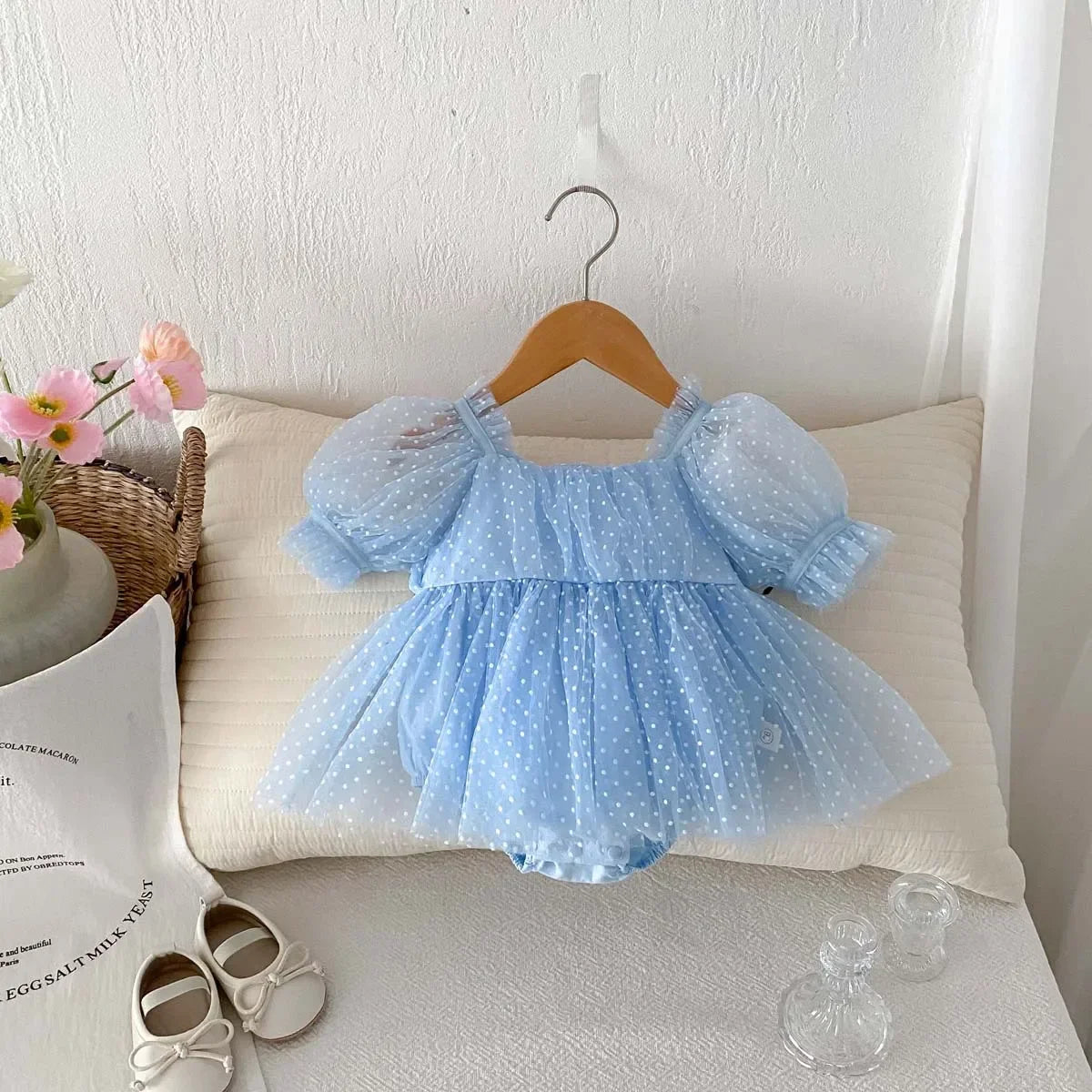 Girls' Bubble Sleeve Dress Summer Mesh Sweet Wave Point Princess Ha Yi Baby One Year Old jumpsuit Cake Dress