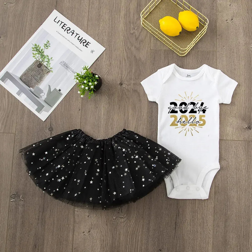 Hello 2025 Print 2 Piece Baby Girls Bodysuit Dress Set New Year Girl Short Sleeve Romper + Tutu Skirt Infant Dresses Set Outfit