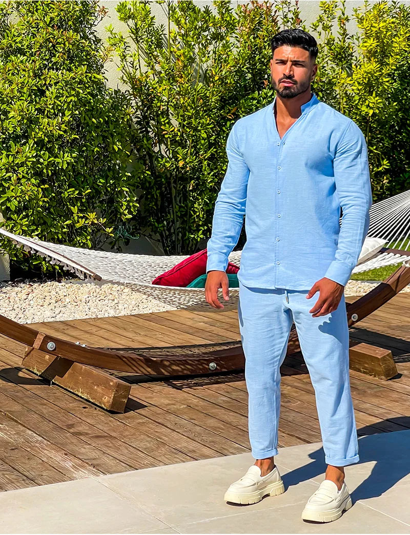Autumn men's new fashion casual linen suit long sleeve overalls single breasted solid color button suit