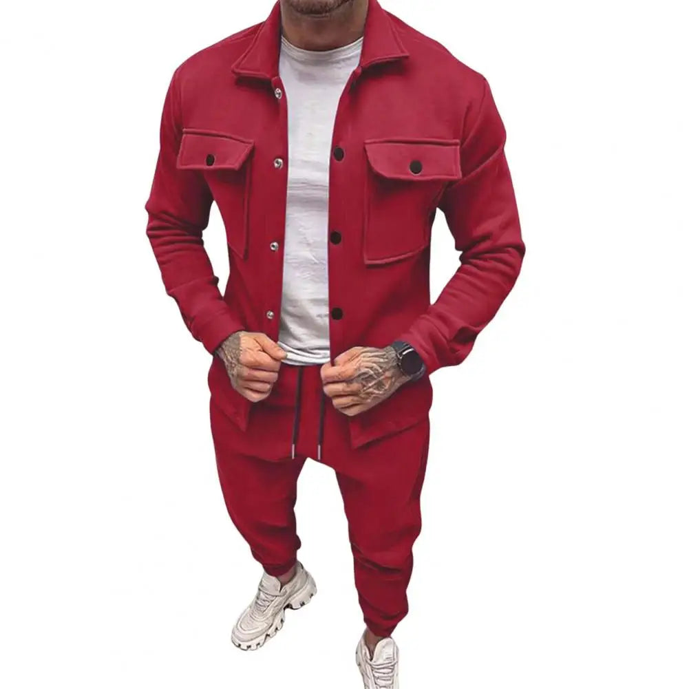 Men Two-piece Suit Set Winter Thick Warm Casual Suit Outfit Long Sleeve Coat Long Trousers Set Fashion Men's Activewear Outwear