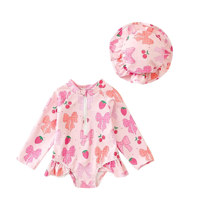 Toddler Baby Girls Rash Guard Swimsuits with Hat 2 Pcs Set Bow Pattern Zip Up Long Sleeve Crew Neck Baby Girls Swimwears