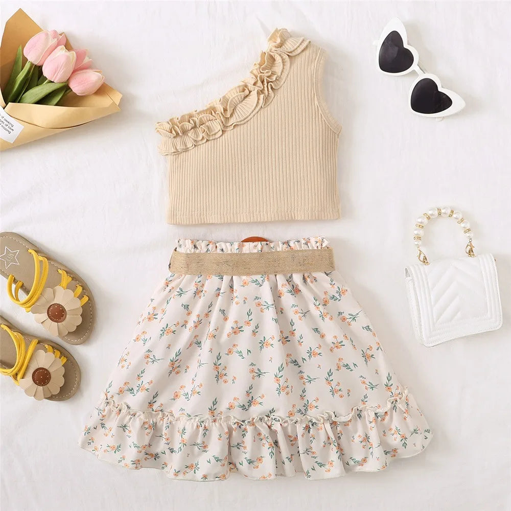 Kids Baby Girl Clothes Set Retro Off-Shoulder Top+ Flowers Skirt Summer Cute Sense Of Design Suit For Child Girl 1-6 Years