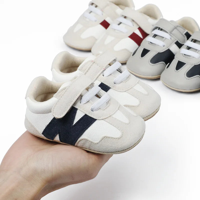 New 0-1Y Newborn Baby Fashion Versatile Sports Style Patchwork Colour Soft Bottom Anti-slip Suede Infant Toddler Shoes