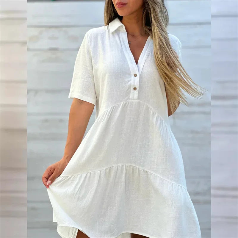2024 Summer Solid Color Lapel Button Splicing Dresses Women Short Sleeve Dress Female Casual Commuter Cotton Linen Pleated Gown