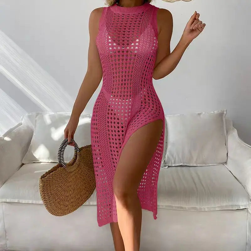 Abrini Women Hollow Out Crochet Cover Up Swimwear Sleeveless Bikini Dress Smock Split Sexy Beach Knitwear Solid Swimsuit